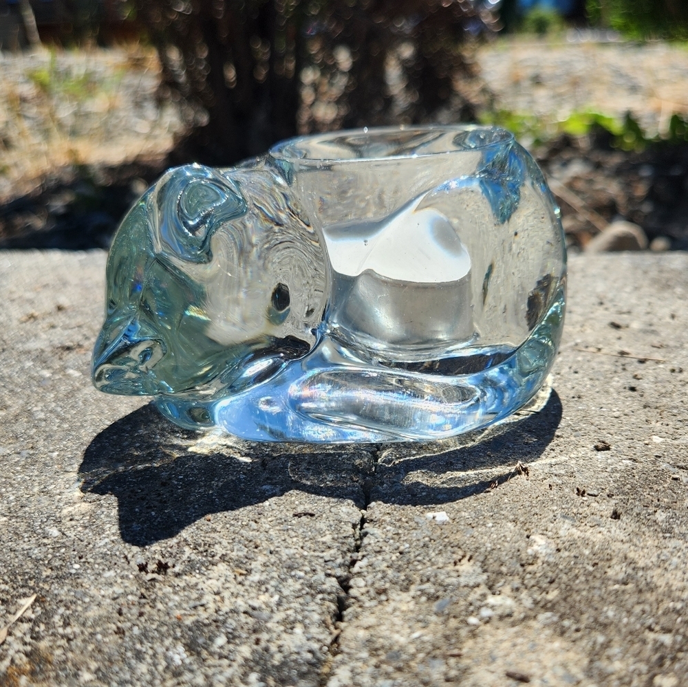 Vintage Indiana Clear Glass  Sleeping Cat Votive Tealight Candle Holder Eclectic